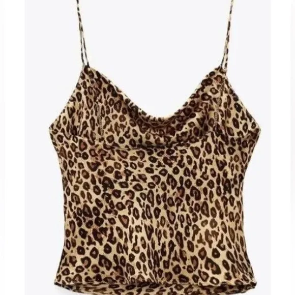 Zara Cami Crop Leopard Animal Print Chain Straps Satin Cami Blouse Tank Top - Picture 2 of 10